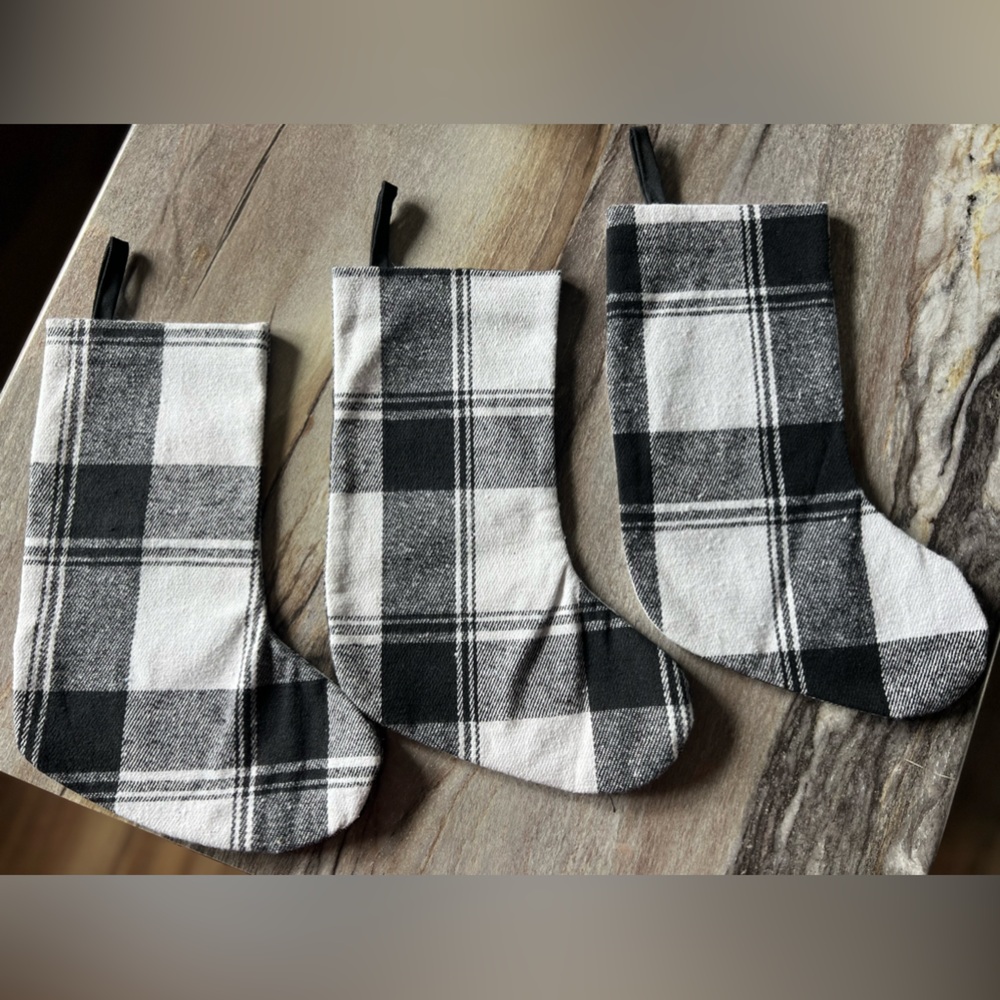 Set of 3 White and Black Plaid Christmas Stockings